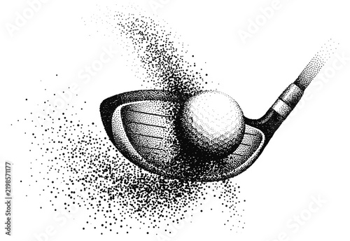 Golf driver club hitting ball in stippling art style illustration