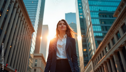 Confident businesswoman walking in cityscape with skyscrapers in background, sunlight illuminating urban environment. Businesswoman portrays strength and determination in professional setting.