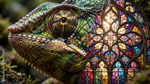 Close-up of a colorful chameleon head beside a vibrant stained glass window with gothic arches and intricate floral patterns
