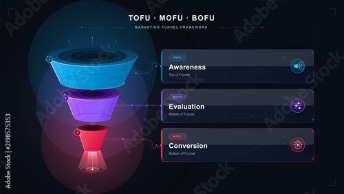 A dark neon vector infographic shows awareness evaluation and conversion across three marketing funnel stages