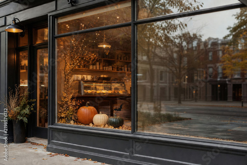 Halloween Decorated Café Storefront With Warm Autumn Window Display and Clear Copy Space for Seasonal Promotion