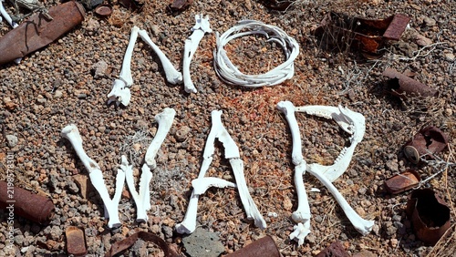 Animal bones spelling NO WAR on dry, barren ground with rusty debris, conveying a powerful message of pacifism, anti-war sentiment, and the devastating consequences of conflict