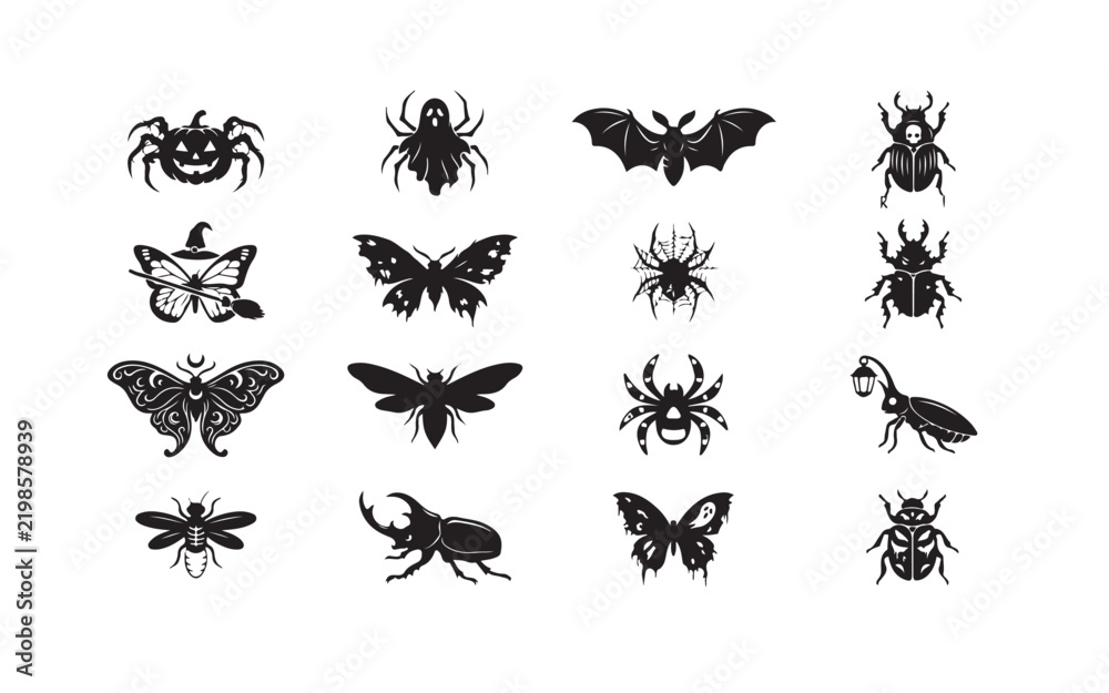 Fototapeta premium Mystical insect and arachnid silhouette set highlights decorative moths spiders and gothic beetles.