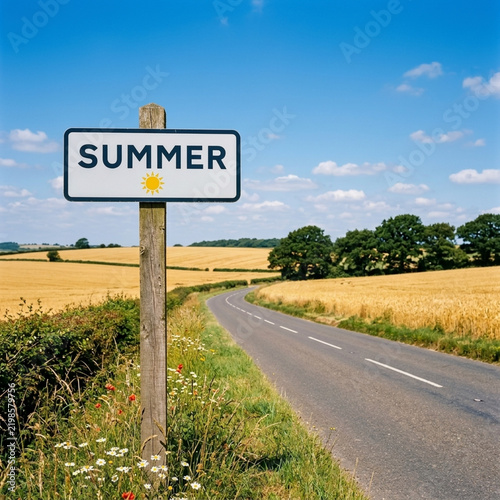 Charming Summer Road Sign Welcomes Visitors To Rural Countryside Fields