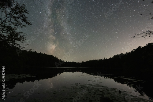 Bright Milky Way galaxy shining over calm forest lake with starry sky reflections on water surface in Estonia nature reserve at night.