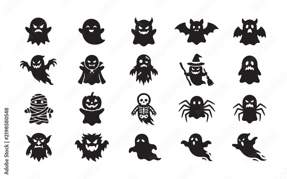 Fototapeta premium Set of twenty halloween black silhouettes including ghosts pumpkins monsters and skeletal figures.