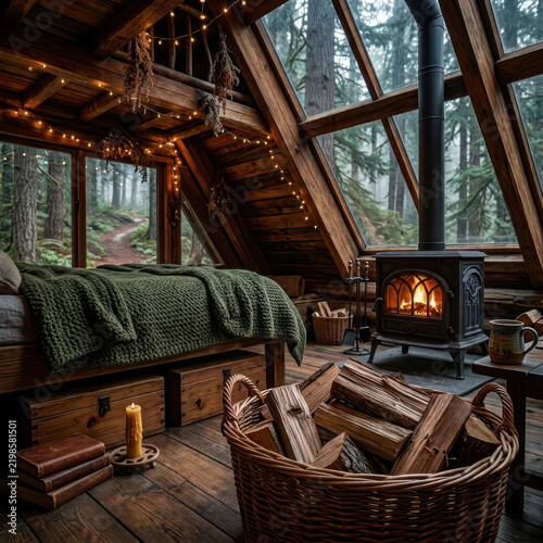 Cozy rustic A-frame cabin interior with a wood-burning stove and forest view.