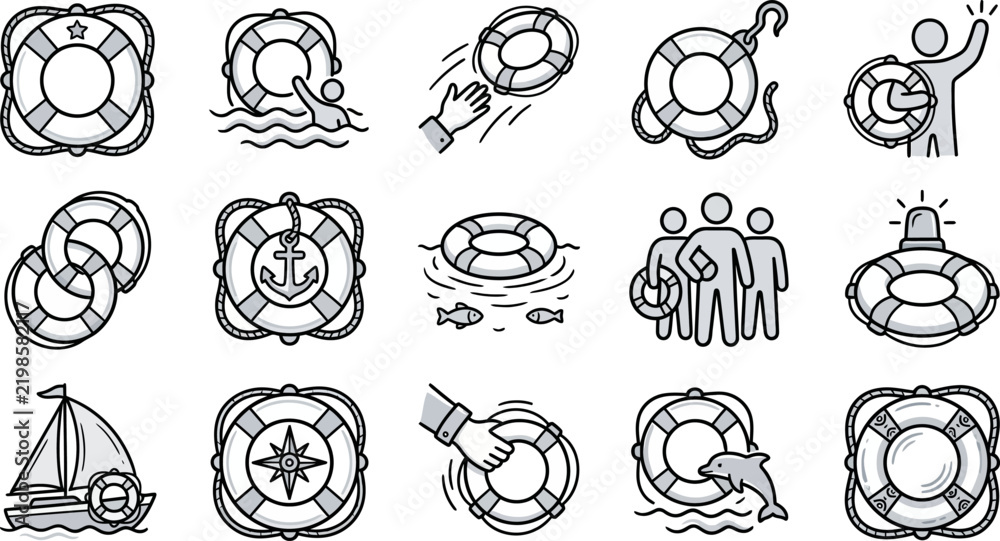 Obraz premium Collection of Hand Drawn Life Buoy Icons and Symbols.