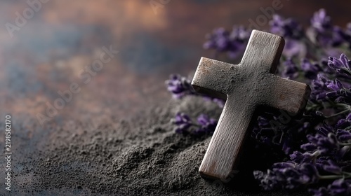 Wooden cross with ash symbolic religious concept