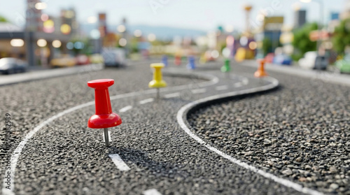 Colorful push pins mark path on winding road with blurred city background
