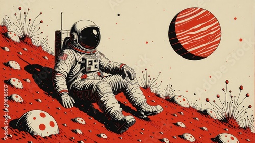 Calm space explorer rests on alien ground under strange planet
