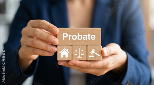 A person holding wooden blocks for probate, inheritance, and justice with house, scales, and gavel icons.