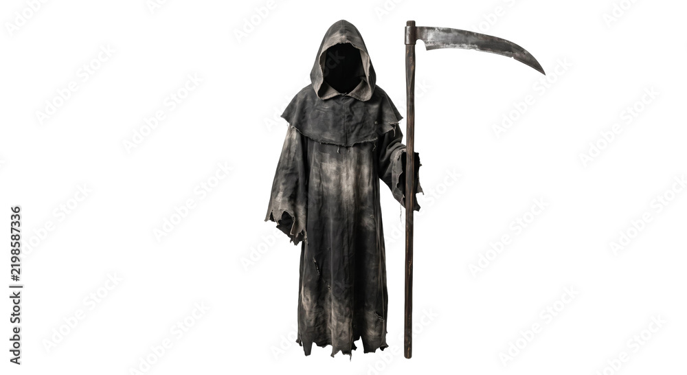 Obraz premium Grim reaper figure in a tattered black hooded robe holding a large metal scythe on white background