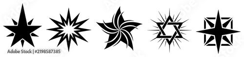 Bold star icons and compass symbols featuring sharp geometric lines in vector style