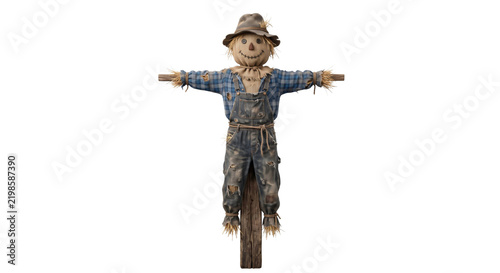 Foto A rustic scarecrow with a burlap face and plaid shirt standing on a wooden post