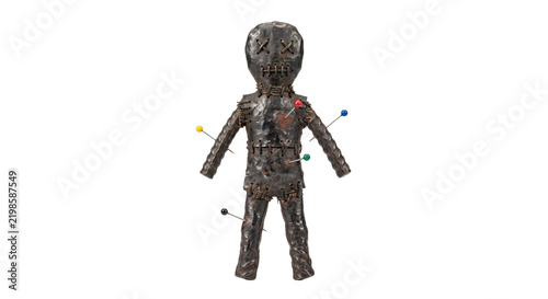 Obraz na plátně Dark metal voodoo doll with colorful sewing pins isolated on a clean white backg