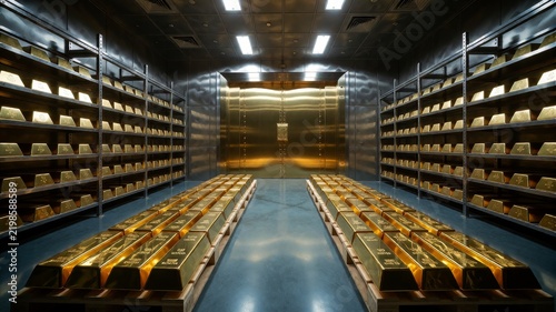 Interior of secure gold vault showing organized rows of gold bars