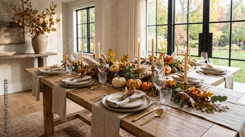 Rustic autumn tablescape with pumpkins and candles, elegant Thanksgiving dinner table setting, seasonal fall home decor with natural wood and linen
