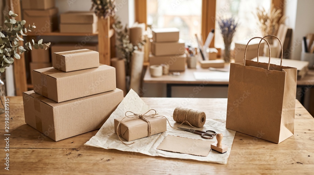 Fototapeta premium Eco-friendly craft packaging station with brown cardboard boxes, recycled paper shopping bag and twine on wooden table, sustainable small business shipping supplies