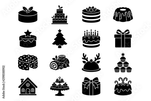 Christmas cakes and festive bakery desserts silhouette icon collection.