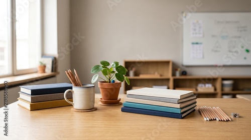 Minimalist classroom desk with stacked notebooks and pencils, bright school workspace with green plant and whiteboard, educational study environment