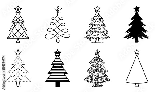 Christmas tree icons collection with various modern decorative shapes in minimalist line art style