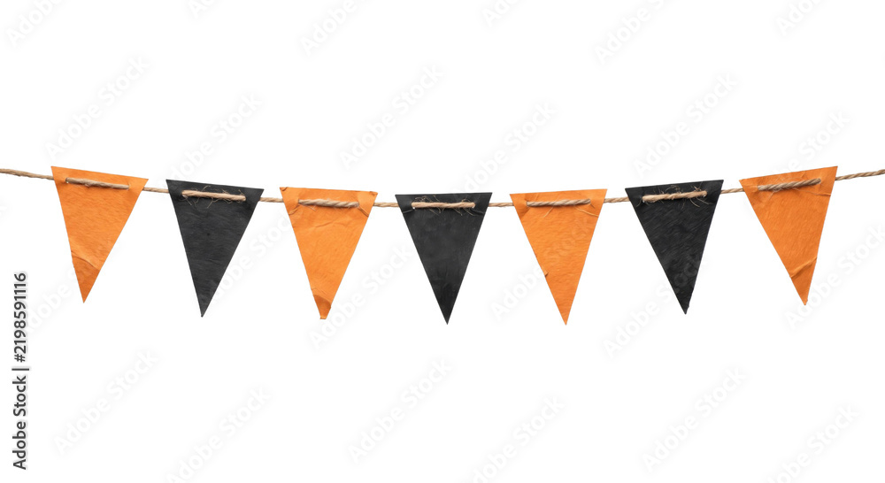 Obraz premium Halloween bunting banner with orange and black triangular flags hanging on a rustic twine string