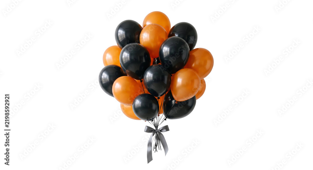 Obraz premium A festive bunch of orange and black balloons tied together with a decorative dark satin ribbon