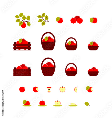 Apple harvest vector clipart set with baskets, crates, branches and sliced fruit isolated on white background