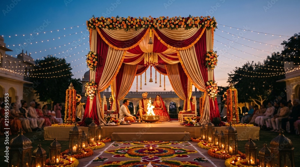 Fototapeta premium Indian Wedding Rituals With Couple Sitting At The Sacred Fire Mandap