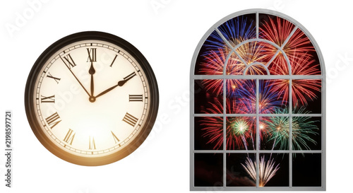 Clock and fireworks through a window isolated on transparent background