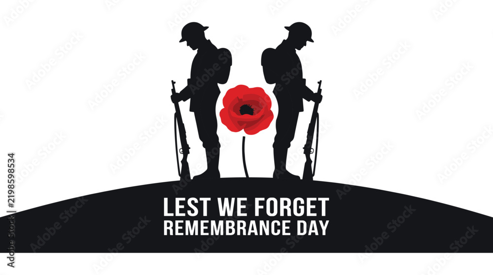 Obraz premium Remembrance day with two soldier silhouettes facing each other with a red poppy flower between them on white background