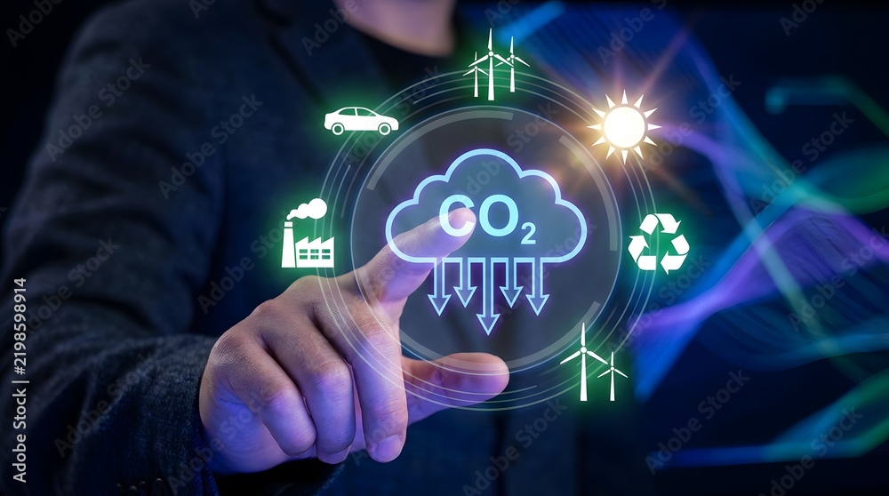 Obraz premium Digital CO2 Carbon Reduction Interface Representing Climate Technology, Emissions Control and Net Zero Goals
