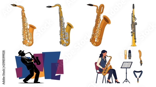 Foto Set of vector collection featuring different styles of saxophone instruments, in
