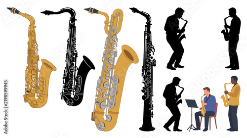 Foto Set of vector collection featuring different styles of saxophone instruments, in