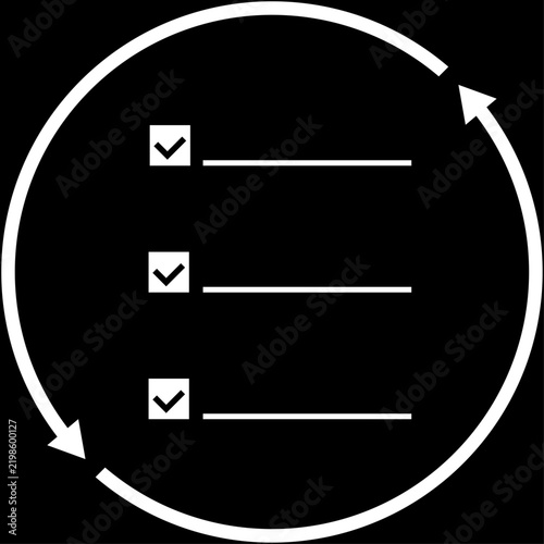 Circular continuous workflow process icon, white color flat design symbol with completed checklist and arrows with isolated background.