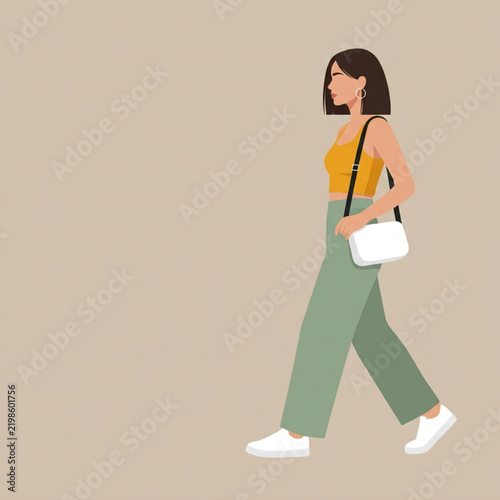 Professional woman in business attire confidently walking through modern office corridor with clean vector style and copy space