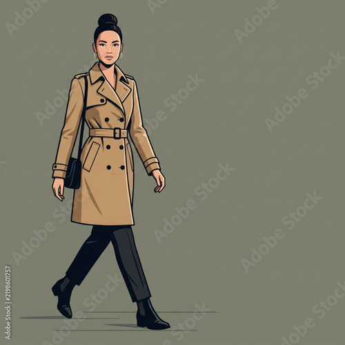 Woman wearing a trench coat walking outdoors in a city street during autumn