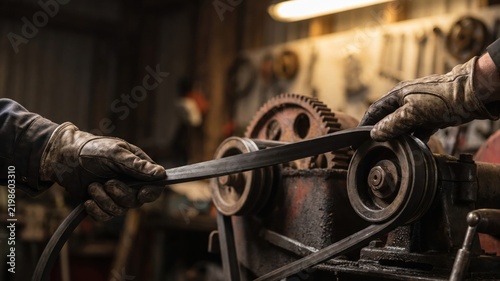 Mechanic Working on Tractor Belt Replacement in Workshop