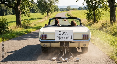 Just Married Couple Driving Away in Vintage Convertible