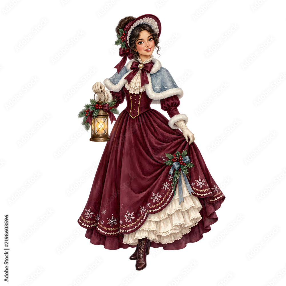 Fototapeta premium A vintage illustration depicts a woman dressed in a festive, historical winter gown, holding a lit lantern adorned with holly and pine. She wears a matching bonnet and cloak trimmed with white fur.