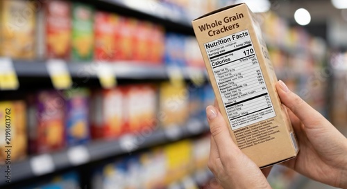 Hands Holding Cracker Box and Reading Nutrition Facts Label