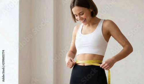 Smiling Fit Woman Measuring Waist with Yellow Tape
