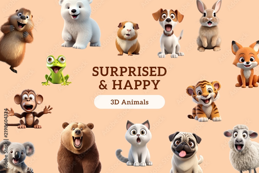 Fototapeta premium 3D happy animal characters design element set