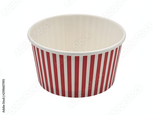 White paper popcorn bucket with red and white striped pattern isolated on clean background
