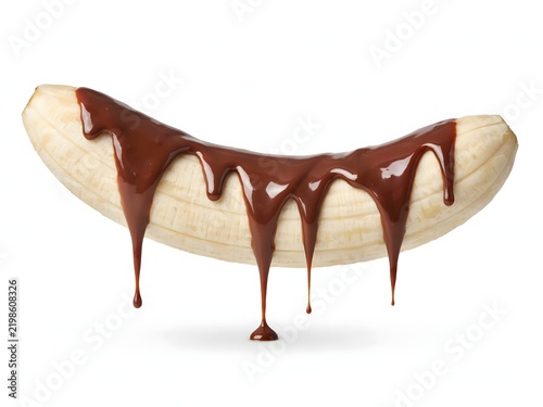 Chocolate-covered banana with melted drizzle on white background for dessert presentation
