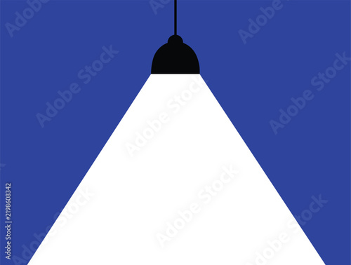 A minimalist vector illustration of a hanging lamp casting a bright cone of white light against a solid dark blue background