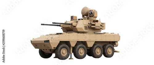 Eight-wheeled amphibious armored personnel carrier combat vehicle painted in matte desert tan. Heavy military mechanized battlefield transport truck isolated on white background display.
