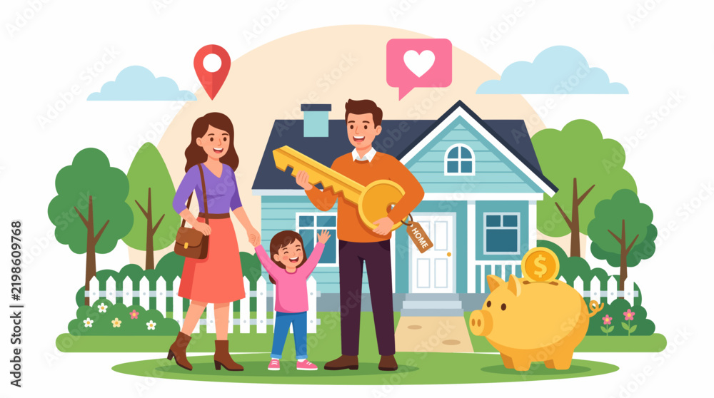 Fototapeta premium Happy family holding a large gold key in front of their new house vector illustration for real estate marketing concepts
