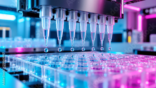 Automated Liquid Handling Robot Dispensing Samples into Microplate in High-Tech Laboratory